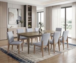 9-Piece Mixed-Finish Dining Set, Extendable 72-88" Vintage Walnut Table & 8 Gray Linen Chairs