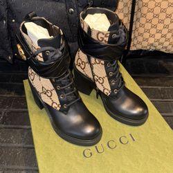 GUCCI FLORES CALFSKIN MONOGRAM MAXI GG ANKLE BOOTS