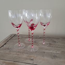4 pc Pier 1 Red Swirl Line Swirline Stem Wine Glasses 9"