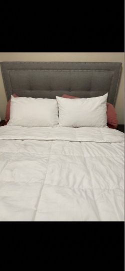 Gray Upholstered Headboard with Nailhead Trim