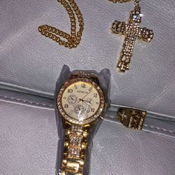 Men’s Watch, Chain W/ Cross & Ring
