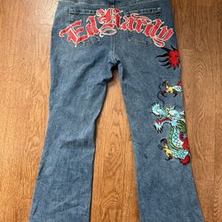 Ed Hardy Embroidered Dragon Jeans Women’s Size 34 Low Rise Boot Cut Painted Y2K