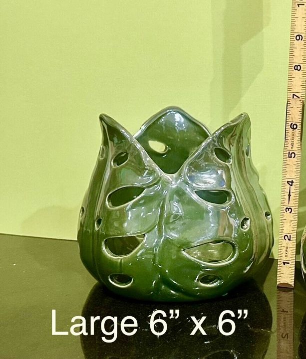 6” Ceramic Monstera Leaf Orchid Pot w/Air Holes Dark Green w/Iridescent Glaze