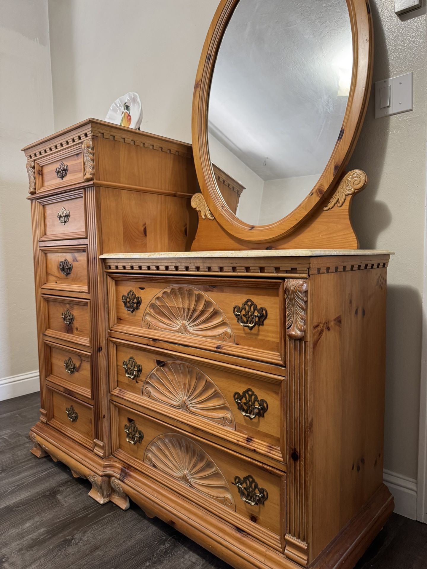 Vintage Wood Dresser with Mirror & Marble Top – Great Condition
