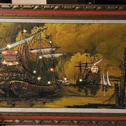 19th Century Oil Ship Painting 