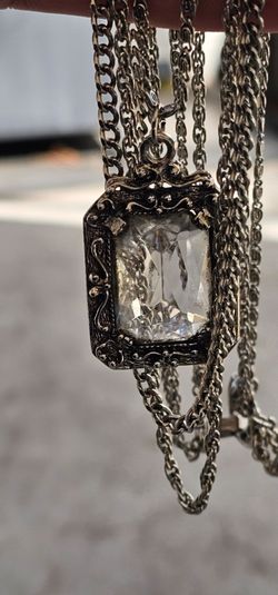 Vintage Goldette Signed Siver Tone Four Strand Locket and Pendant Necklace