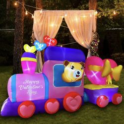 8 FT Inflatable Valentine's Day Train with Bear Heart LED Light Up Decoration for Lawn Yard Garden Indoor Outdoor Party Decor