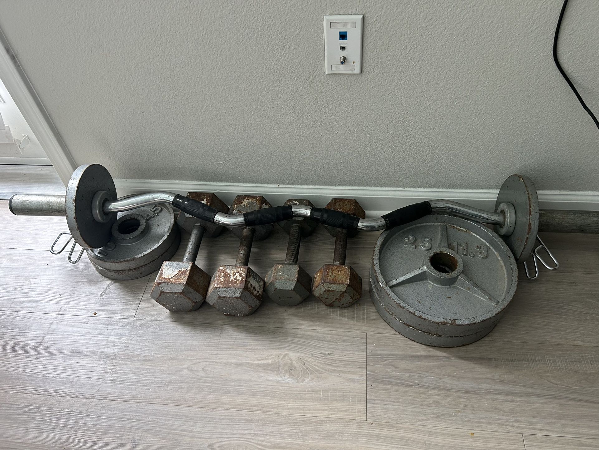 Weights Curl Bar And Dumbbells