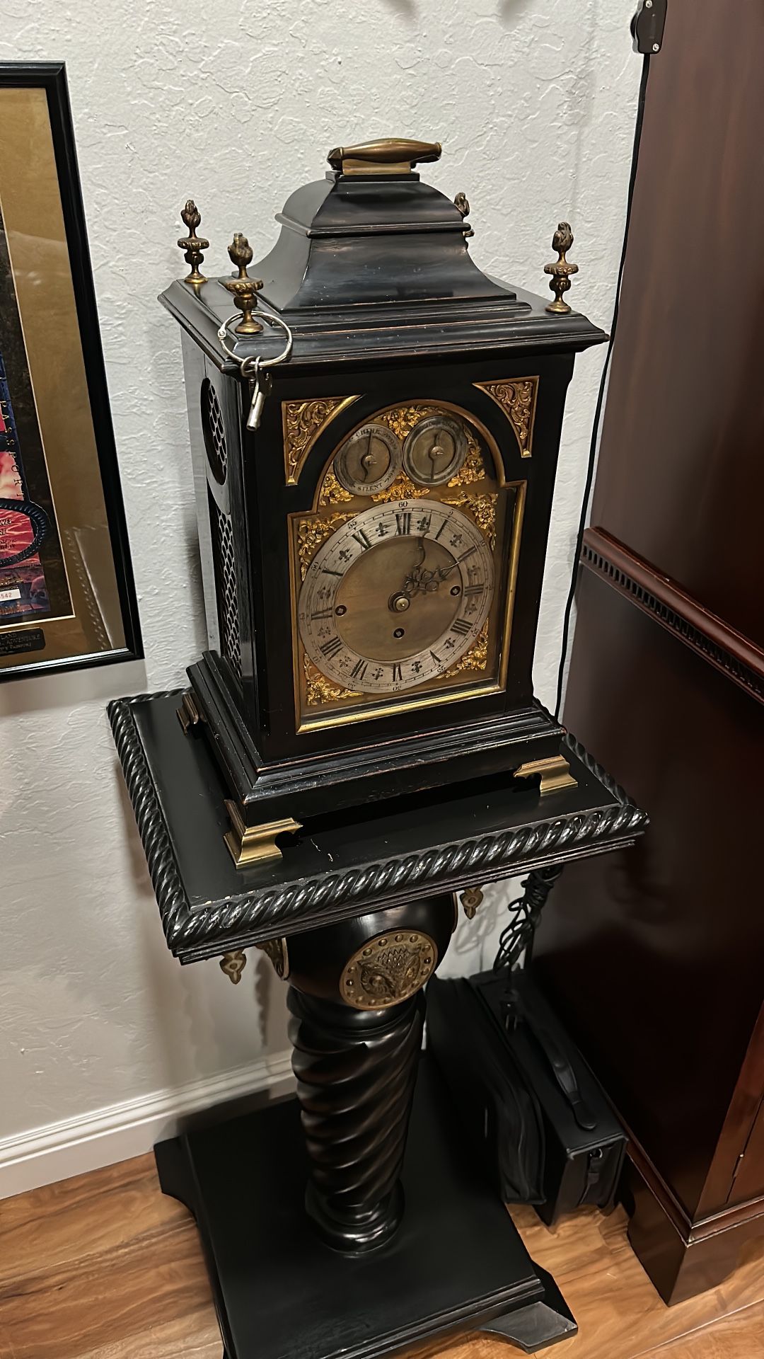 RARE: 18th Century Thomas cowley English Ebony Chain Driven Triple Fusee Soiree Musical Bracket Clock With Ebony & Bronze Stand