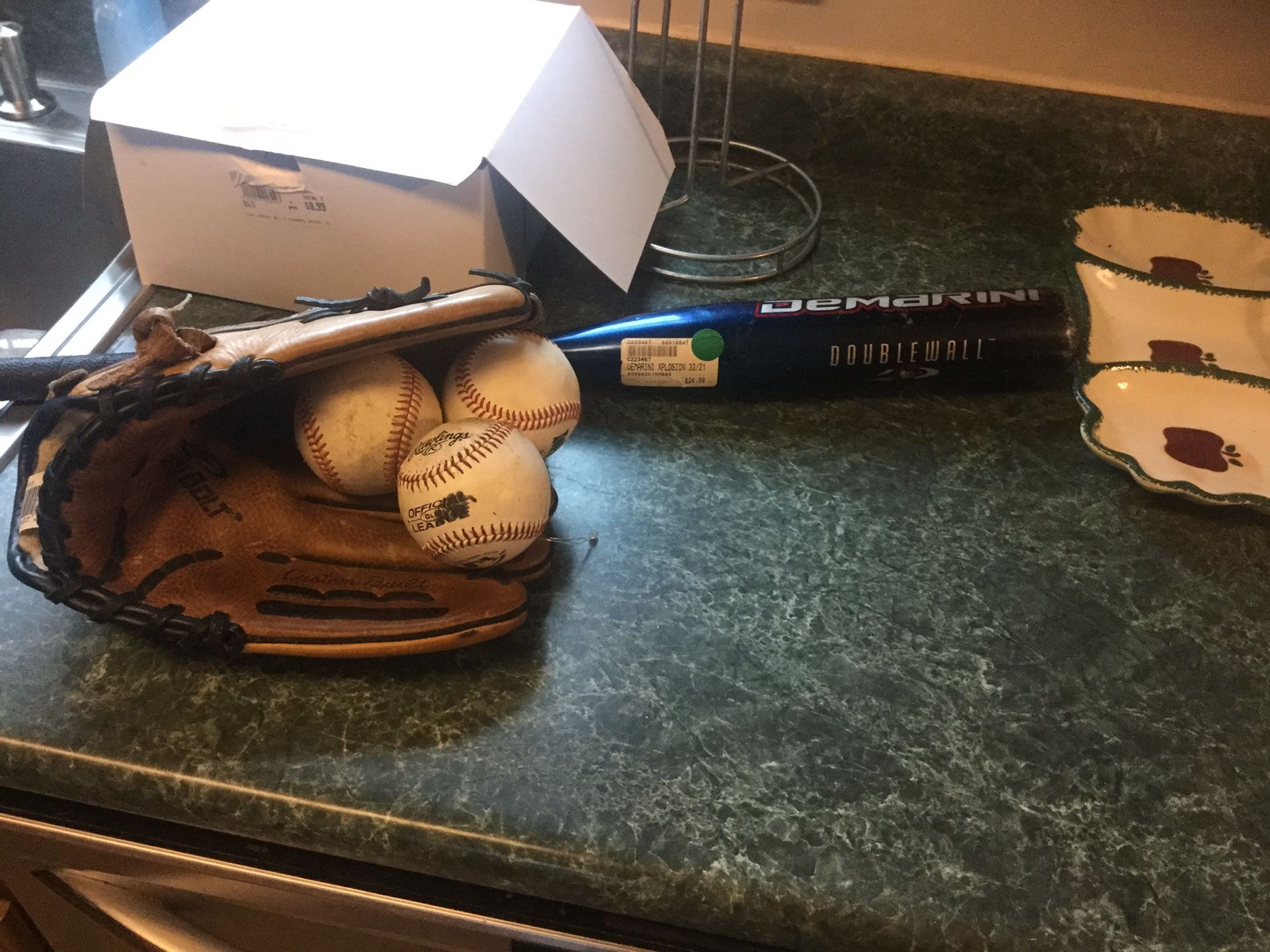 PowerBolt-D115N-11-5-Baseball-glove-RHT excellent condition with four baseballs and DeMarini baseball bat Explosion Model 19 ounces 30”