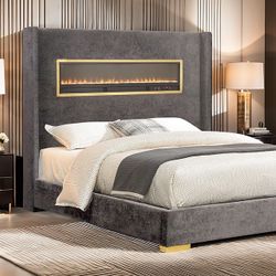 Grey bed frame with faux fire place on headboard gold accents fully slated brand new in box firm price Queen $560 King $580