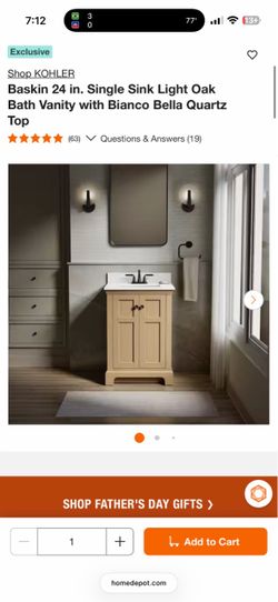 KOHLER Baskin 24 in. Single Sink Light Oak Bath Vanity with Bianco Bella Quartz Top New $239