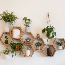 Handmade Hexagon Wood Wall Shelves – Set of 5
