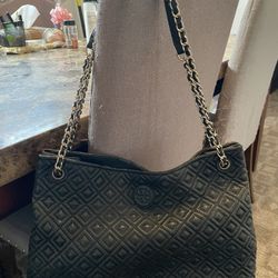 TORY BURCH Black Gold Diamond Quilted Marion Leather Handbag