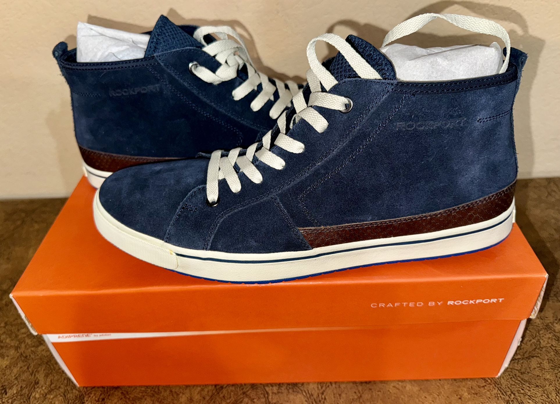 NIB ROCKPORT MEN’S SUEDE CHUKKA BLUE W/BROWN STRIPE SZ 12