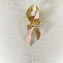 Brooch Pin 2" Avon Gold Tone Pink Enamel Ribbon w/ Rose Breast Cancer Awareness