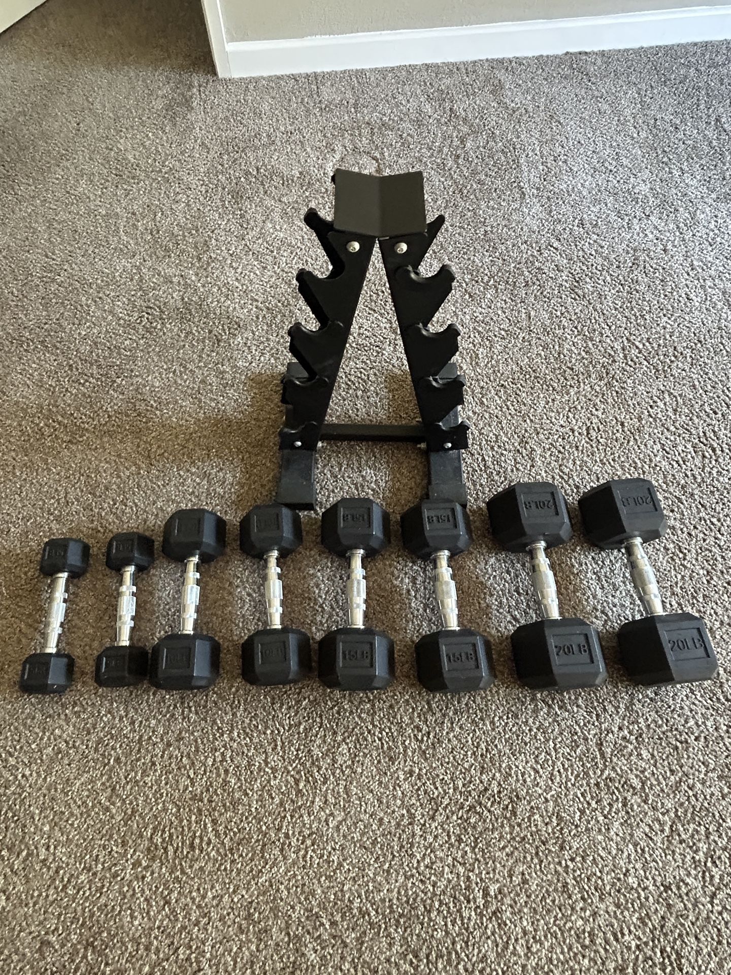 Rubber Hex Dumbbell Set with A-Frame Rack