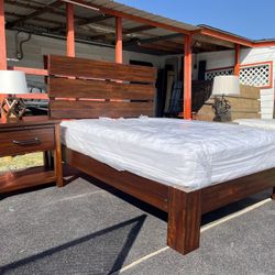 Queen bedframe with mirror nightstand and mattress
