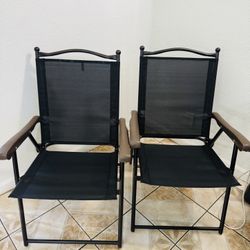 2 Patio Folding Sling Back Chairs Camping Deck Garden Beach Black