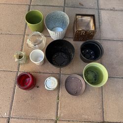 Lot of 10+ Metal/Glass/Plastic Plant Pots. Assorted Sizes &Colors + 1 base! Great Condition