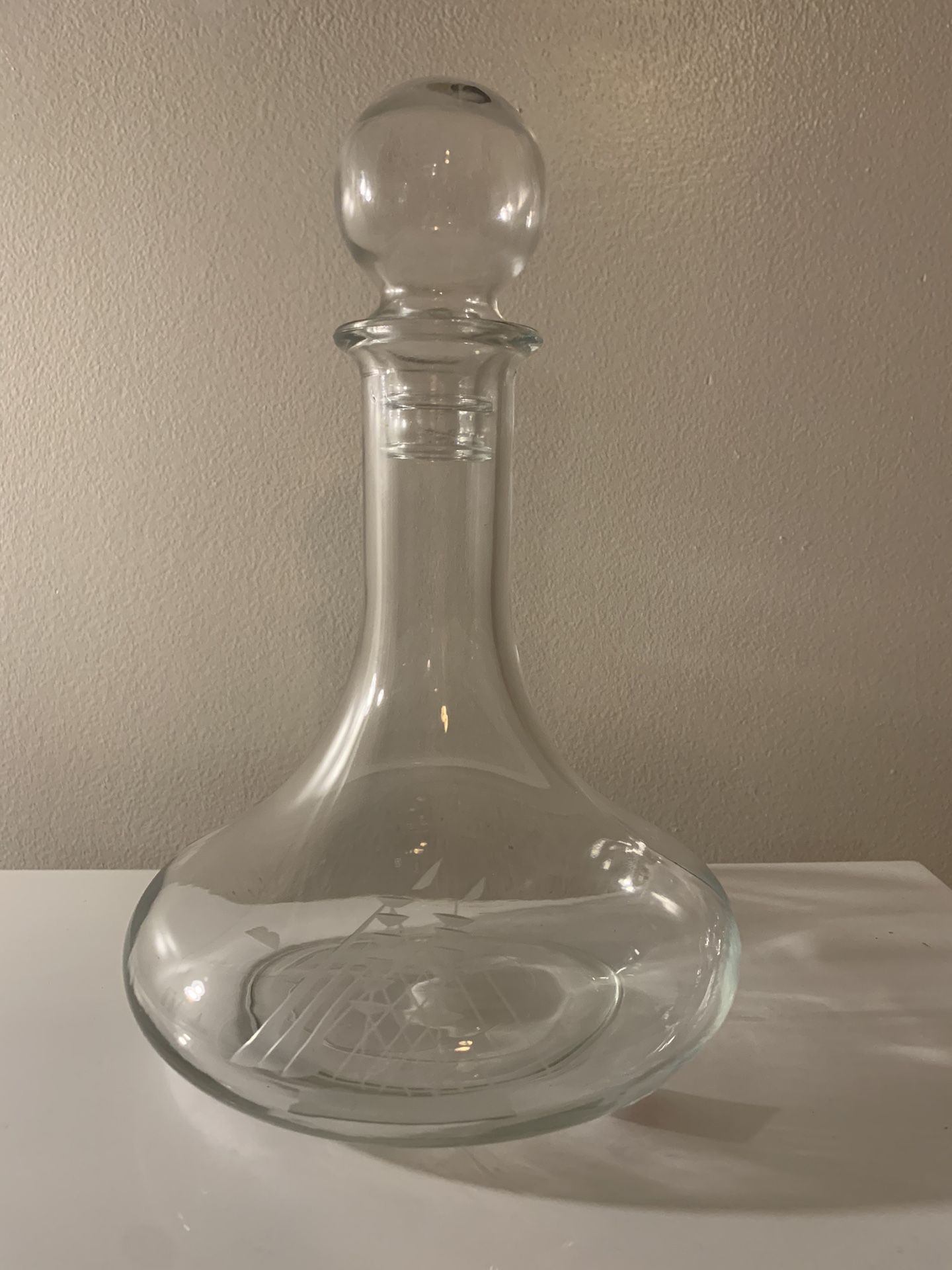 Vintage Ship Decanter with Tall Masted Ship Engraving Clear Glass