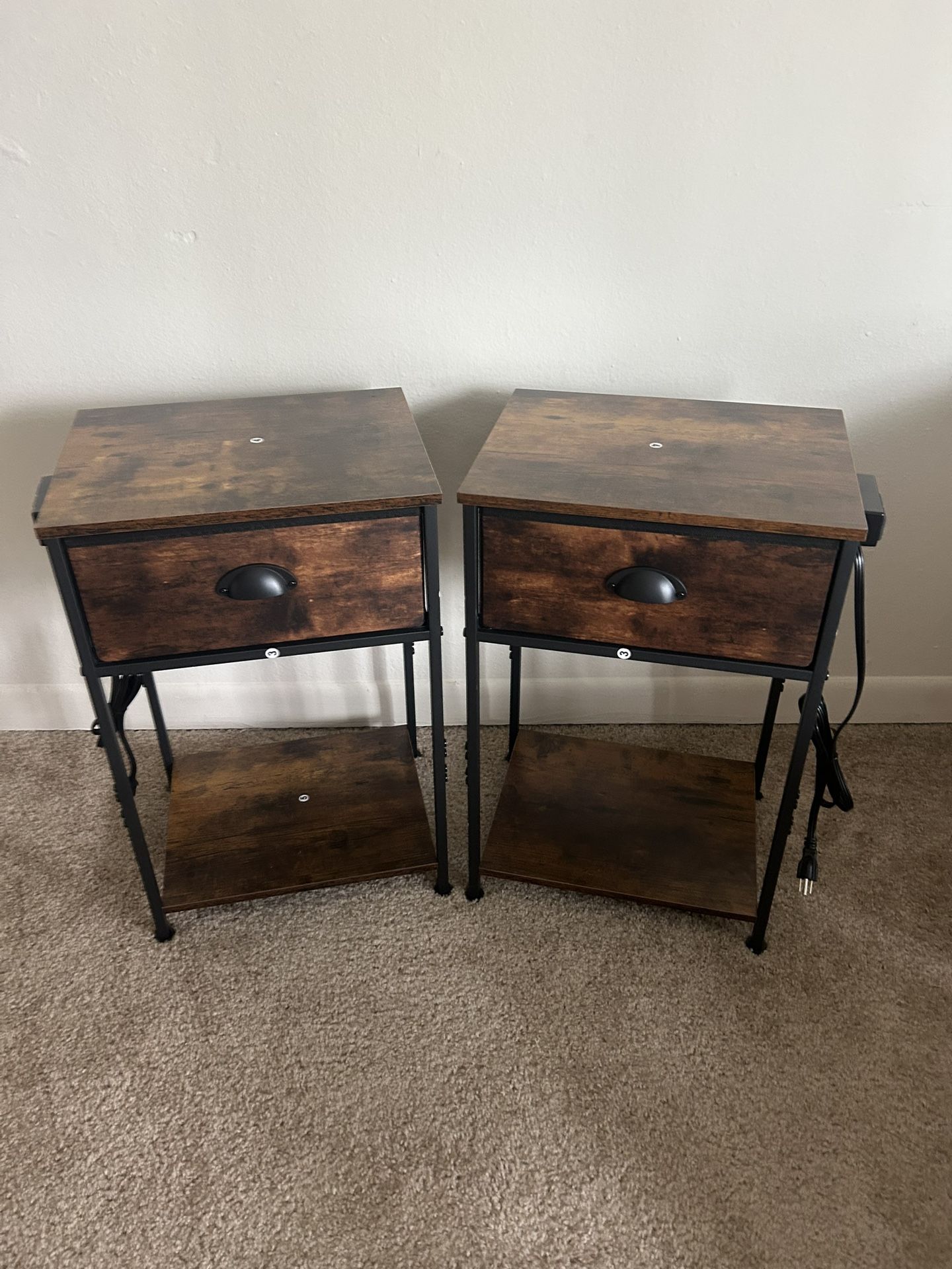 Nightstands Set of 2, Industrial End Table with Fabric Drawer and Storage Shelf