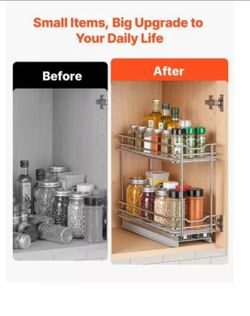 2 Tier Pull Out Spice Rack for Cabinet, Heavy Duty Steel Kitchen Organizer with Ball Bearing Slides, Narrow Cabinet Spice Storage Rack