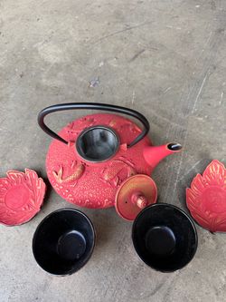 Cast Iron Tea Set Red and Gold