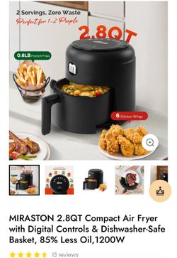 MIRASTON 2.8QT Compact Air Fryer with Digital Controls & Dishwasher-Safe Basket, 85% Less Oil,1200W