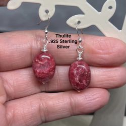 Thulite Genuine Stone (dark pink from Norway) .925 Sterling Silver Earrings RARE