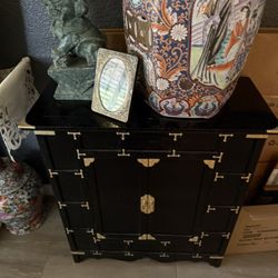 Black Lacquered Asian Cabinet With Brass Accents