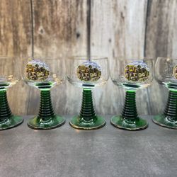 Set of (5) vintage Luminarc France Beehive Stem Cordial Wine Glass with a green stem depicting Landstuhl/Pfalz, a town in Germany. 