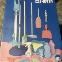 Cleaning Set, Blue Toys Montessori Toys for 3+ Years Old Boy, Housekeeping Play Set Includes Broom Mop Duster Dustpan Sponge and Organizing Stand, STE