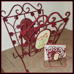 VINTAGE ORNATE BURGUNDY RED METAL FILIGREE SCROLL HAND PAINTED FLORAL FLOWER MAGAZINE HOLDER BOOK ORGANIZER STORAGE DECOR