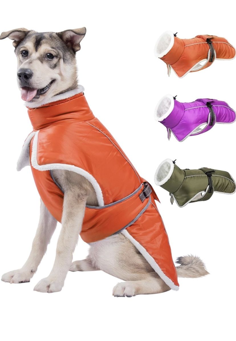Dog Winter Coat For Large Dogs, Waterproof & Reflective Dog Snow Jacket With Fleece Lining Adjustable Turtleneck Dog Cold Weather Coats With Harness H