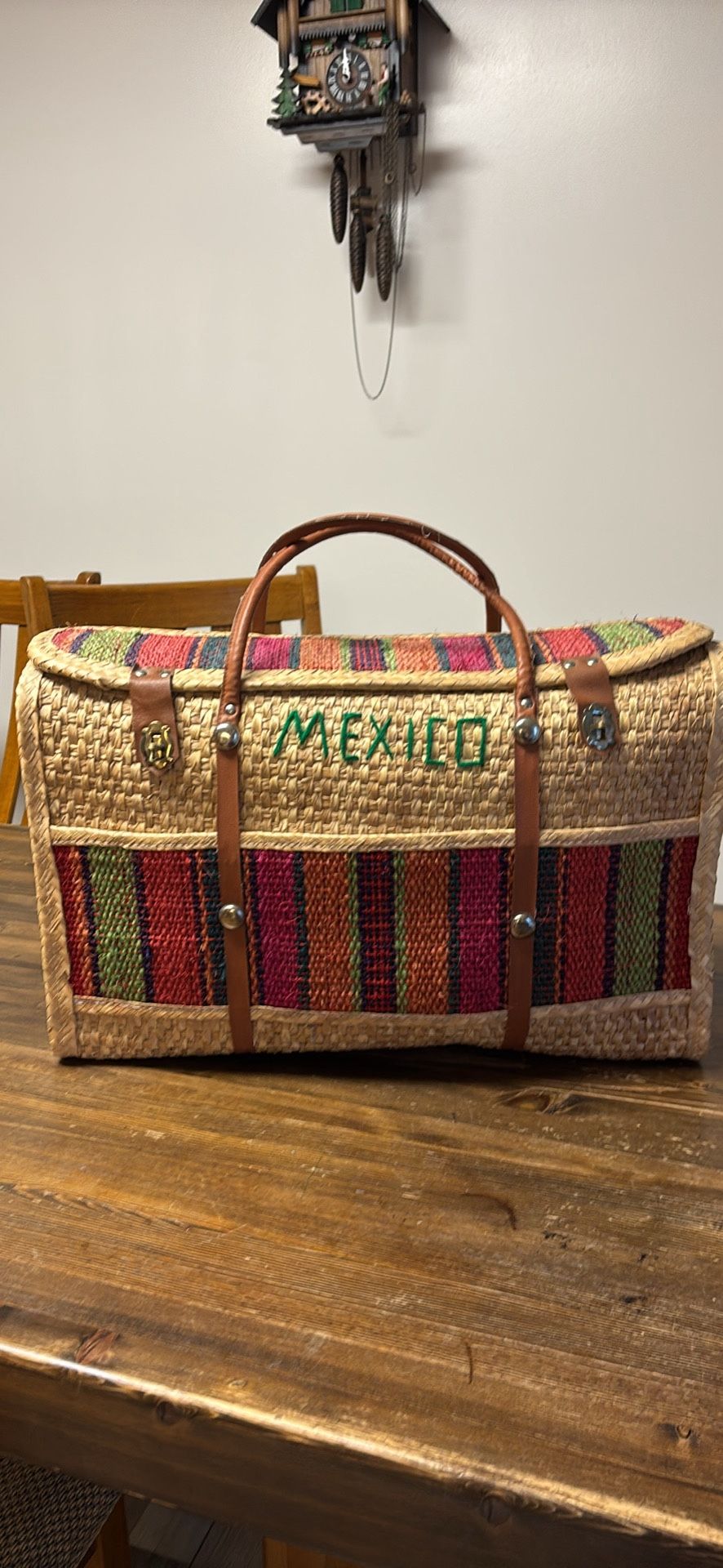 Vintage 1980 Straw Raffia Woven Tote Market Bag Purse Beach Picnic Mexico Boho