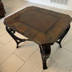 Center Piece Table Metal Finish Legs , Copper And Natural Stone Tile Top, 30x24x24 Inches