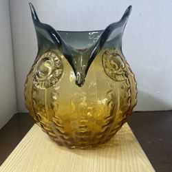 Handblown Glass Owl Ombré Smokey Gray And Amber Vase