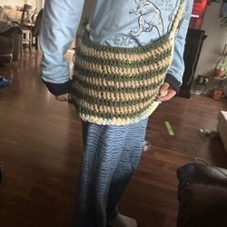 Tan And Green Crochet Bag