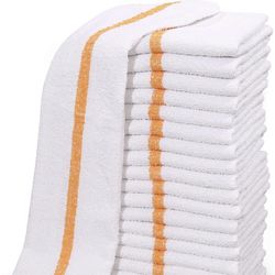 12pack Cotton Blend White Restaurant Bar Mops Kitchen Towels (Dozen) (Gold Stripe)