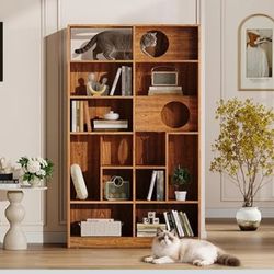 2-in-1 Modern Cat Tree Bookshelf with Enclosed House Multi-Level Cat Climbing Wall with Storage Shelves and Litter Box Enclosure Vertical Brown 
