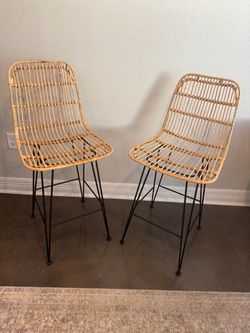 Set of 2 South Shore Natural Rattan Counter Stools – Boho / Coastal – 25” Seat Height