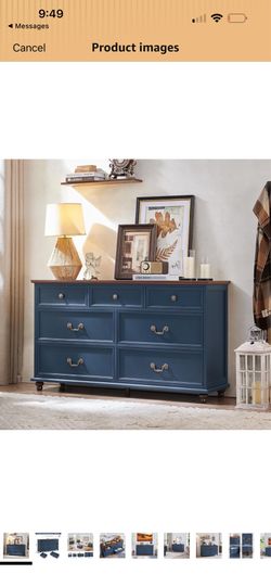 Joaxswe Farmhouse 7 Drawers Dresser for Bedroom, Navy Blue 54 Inch Wide Chest of Drawers w/ 4 Wooden Legs, Vintage Rustic Closet Dressers for Living R