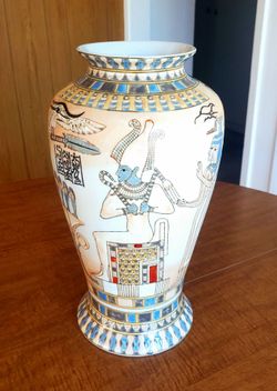 Vintage Ancient Egyptian Revival Vase - 12" King Tut Porcelain Decor GDDT