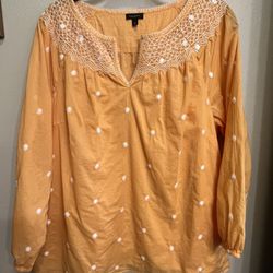 Talbots Women’s Orange Peasant Style Blouse With Embroidered Neckline And Polka Dots Size L