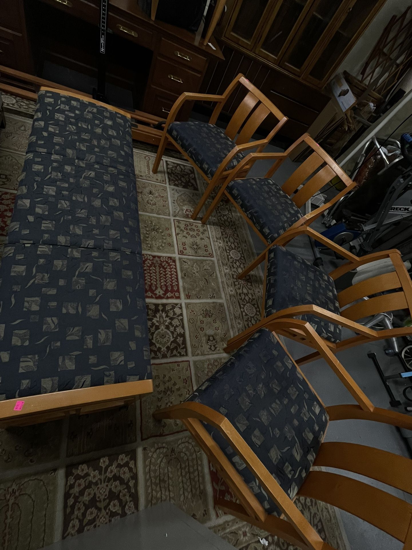 Light wood with blue cushion chairs and bench