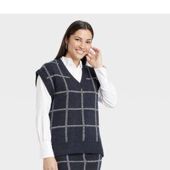 Women's V-neck Sweater Vest Navy Blue Windowpane Size M