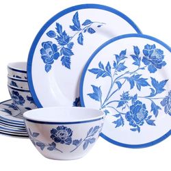 (6666-62) Melamine Dinnerware Set 12-Piece for 4 Dish Set Plates Bowls Unbreakable Dishware for Indoor Outdoor Use Lightweight Durable for Camping Pic