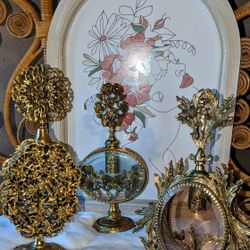 Vintage Gold Hollywood Regency Glass Perfume Bottles (3) 