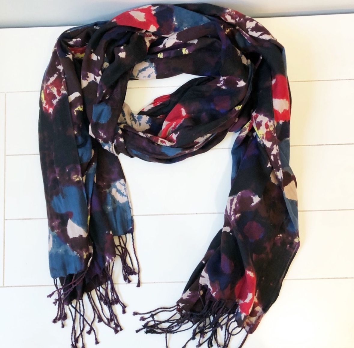 Floral Wrap Style Scarf with Fringe - Purple